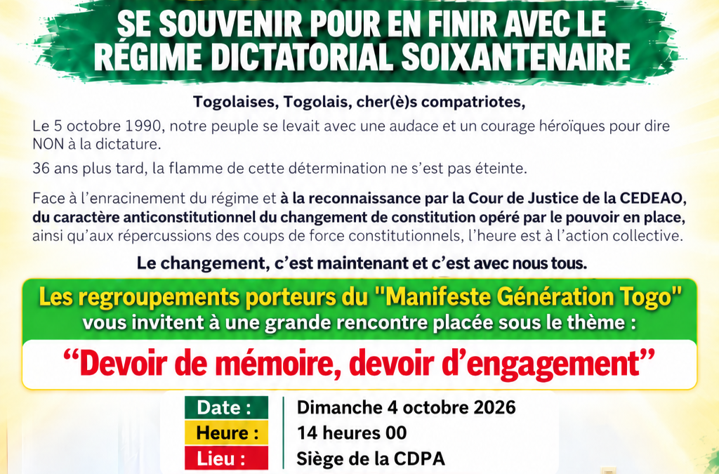 Togo : 5 octobre 1990 – 5 octobre 2026 : 36 ans après, la mémoire doit parler